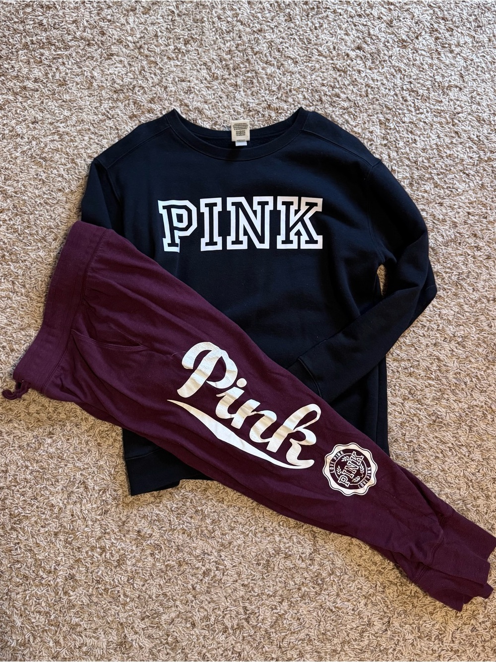 PINK Victoria's Secret Black Sweatshirt & Burgundy Joggers Set